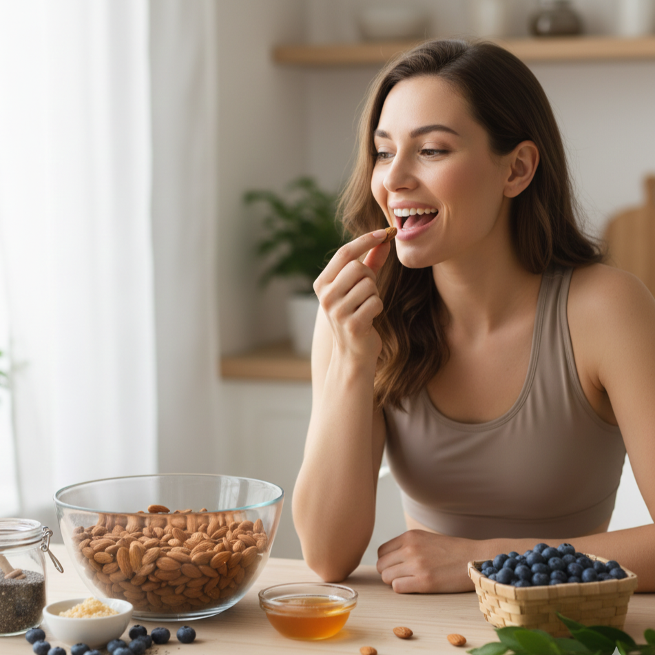 mujer comiendo almendras como snack